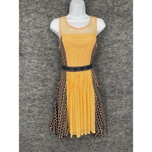 RYU Anthropologie Dress‎ Womens L Yellow Geometric Mesh Sleeveless Fit & Flare
